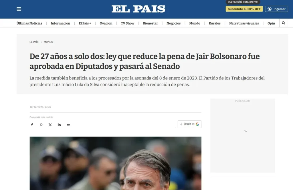 Paraguassu FM 87.9 — Câmara dos Deputados aprova projeto que reduz penas de condenados por atos golpistas A aprovação do “PL da Dosimetria” pela Câmara dos Deputados, que pode reduzir as penas do ex-presidente Jair Bolsonaro e outros condenados por atos golpistas repercutiu na imprensa internacional nesta quarta-feira (10). Condenado pelo STF por golpe de Estado, Bolsonaro está preso desde novembro. ✅ Siga o canal de notícias internacionais do g1 no WhatsApp Os jornais internacionais mencionaram que o PL pode reduzir “drasticamente” a pena de Bolsonaro e deram destaque ao caos que tomou a sessão na Câmara em alguns momentos. O projeto será agora [&hellip;]